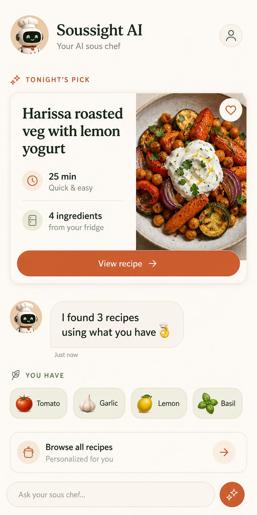 Soussight AI app showing tonight's recipe and pantry ingredients