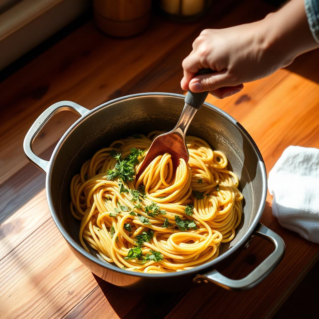 Hand stirring a pan of pasta